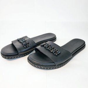 Karl Lagerfeld Bijou Black Jeweled Leather Slide Sandals Womens Size 10M EUC